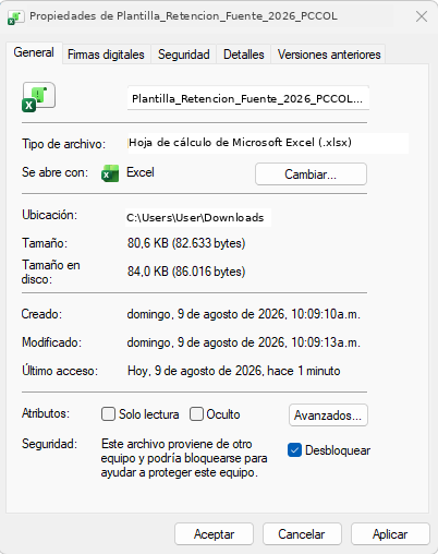 Propiedades de un archivo Excel con la casilla Desbloquear marcada
